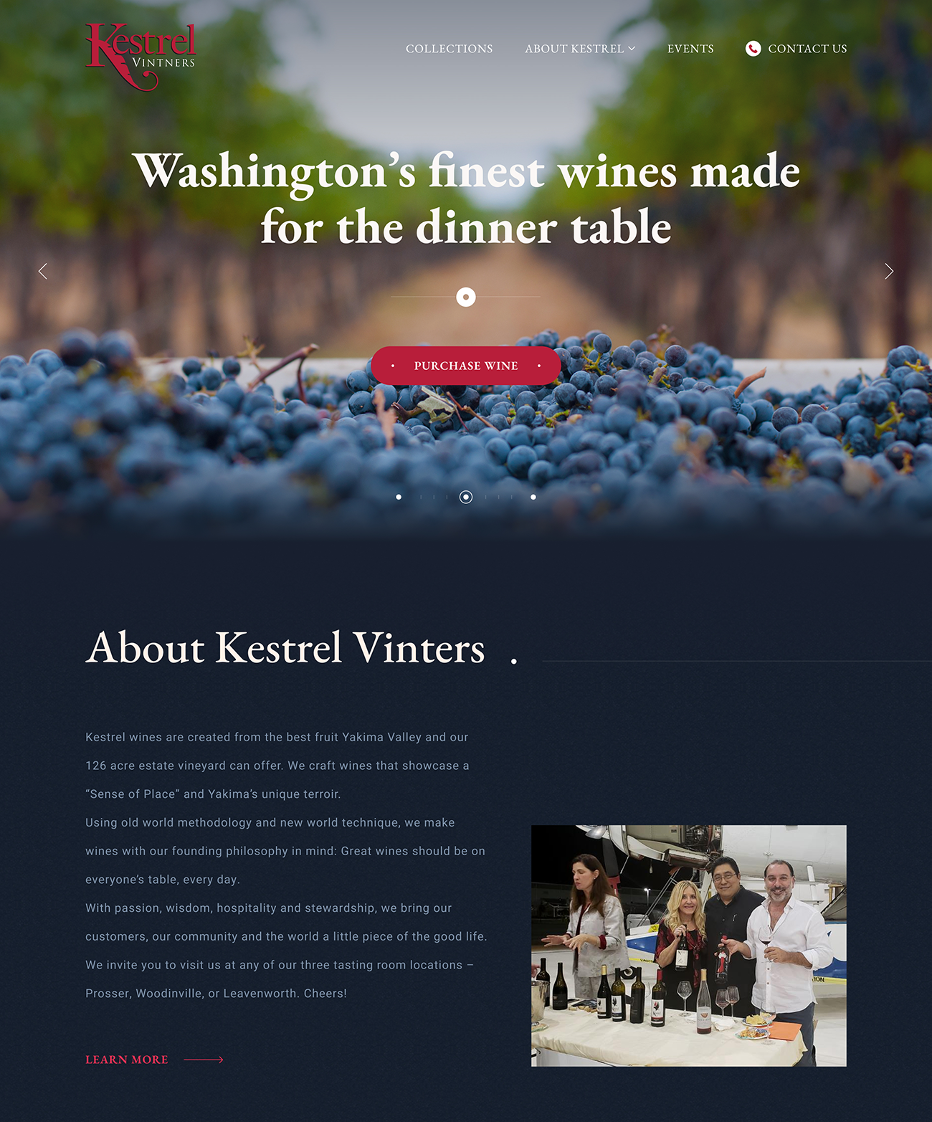 Kestrel Vintners homepage &mdash; key UX decisions visible on the live site